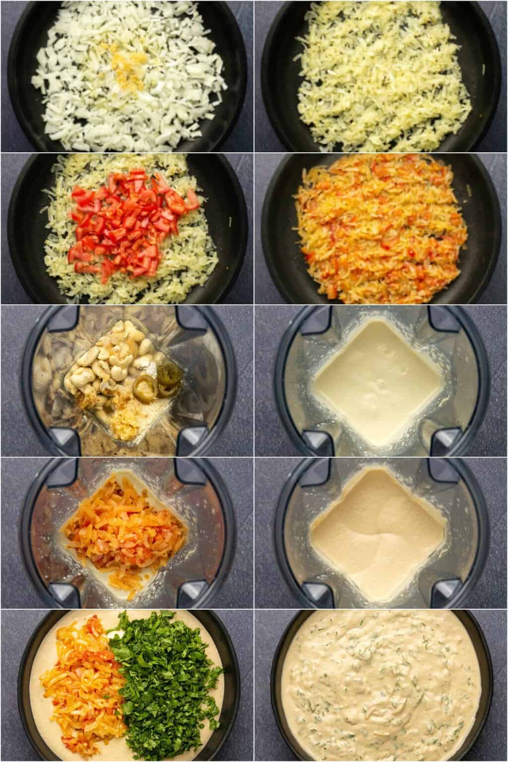 Step by step process photo collage of making cashew queso. 