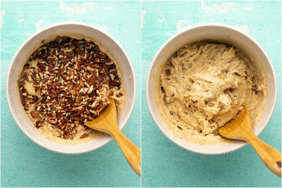 Two photo collage showing chopped pecans added to mixing bowl and mixed in.