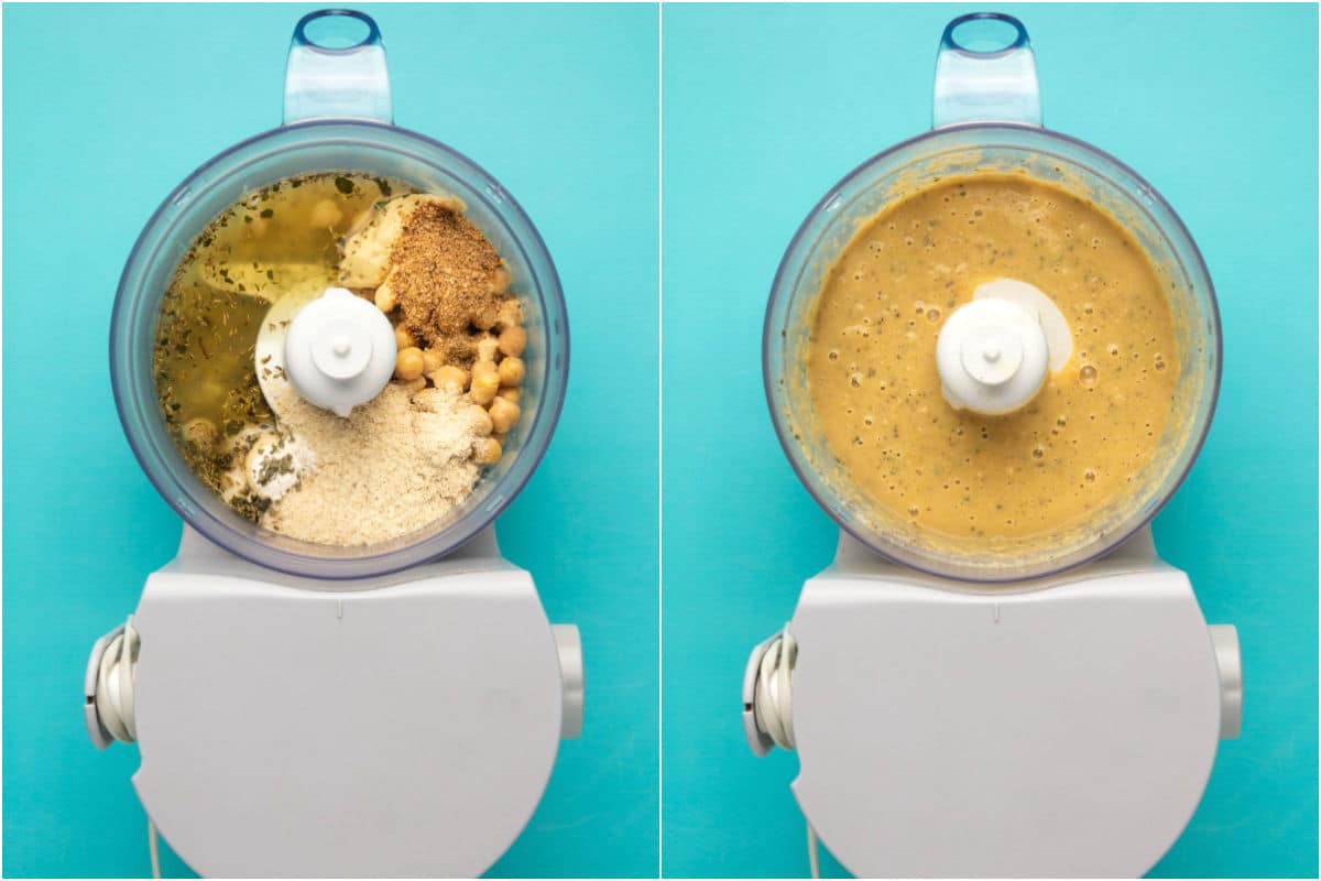 Collage of two photos showing ingredients added to food processor and processed. 
