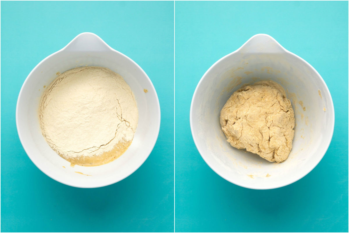 Collage of two photos showing wet and dry ingredients added to bowl and mixed into a dough.