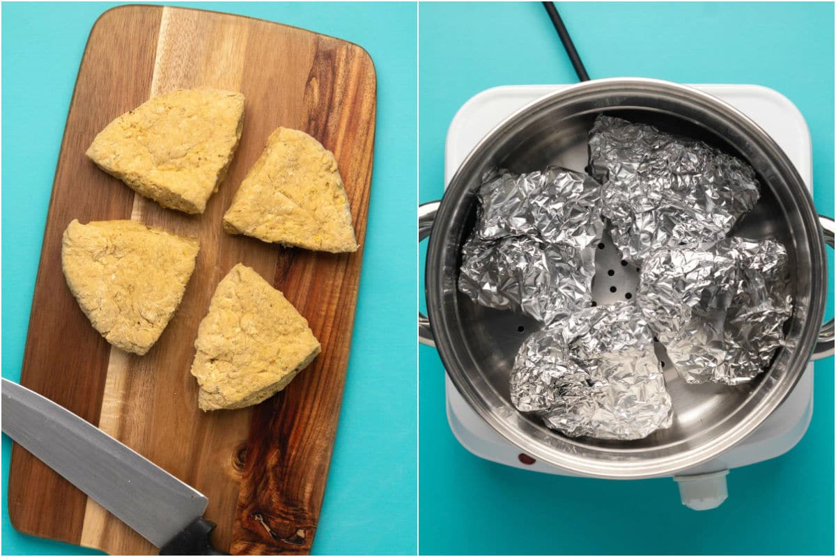 Two photo collage showing vegan chicken cut into four pieces, wrapped in foil and steamed.