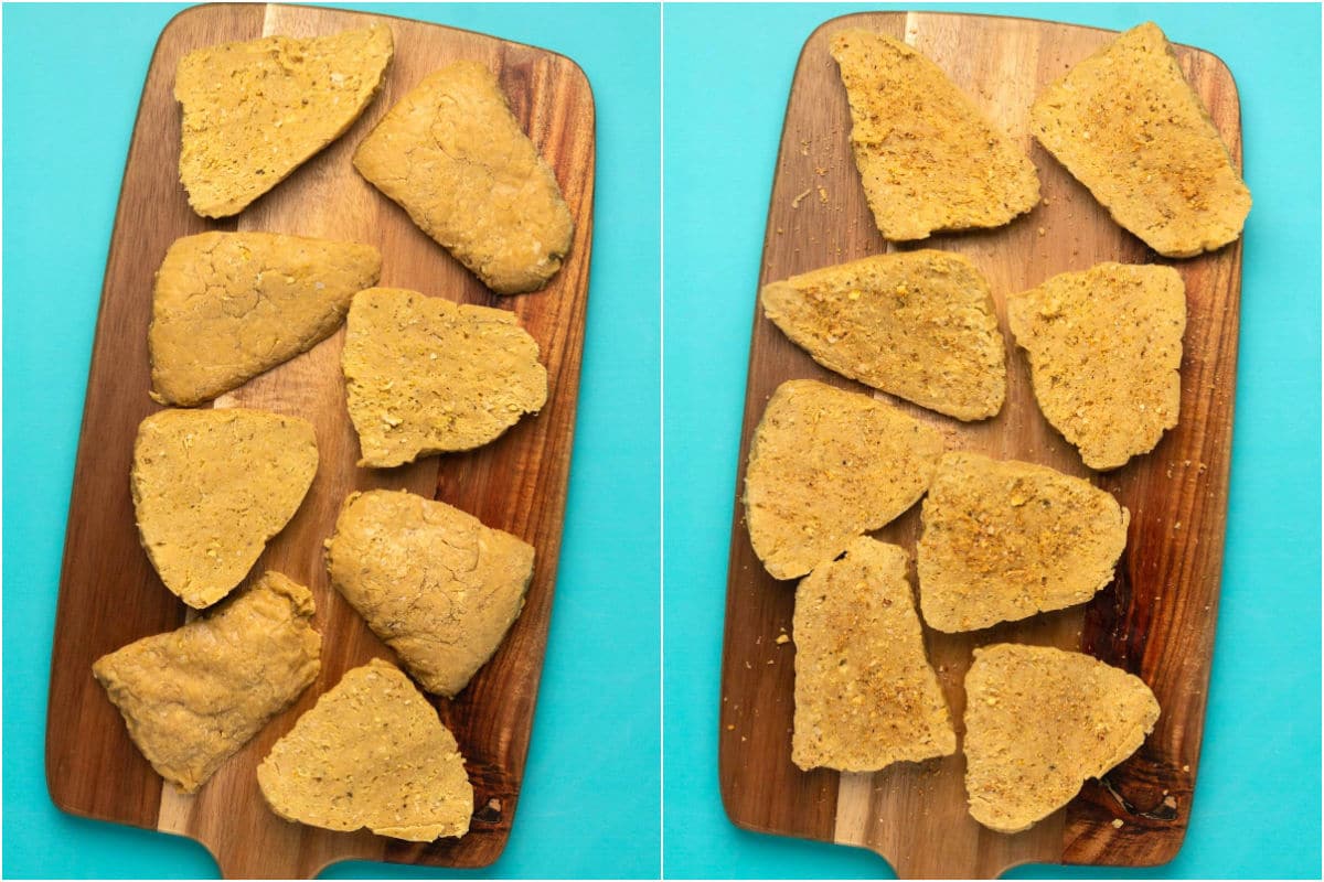 Two photo collage showing vegan chicken pieces cut in half and rubbed with spices.