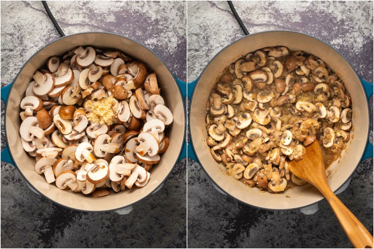 Two photo collage showing sliced mushrooms, garlic and oregano added to pot and sautéed.