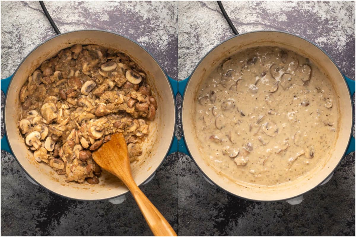 Two photo collage showing flour added to pot and sautéed and then coconut milk and veg stock added and stirred until thickened.