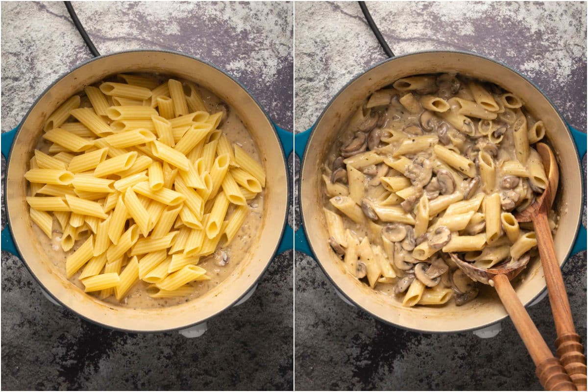 Two photo collage showing pasta added to mushroom sauce and mixed in.