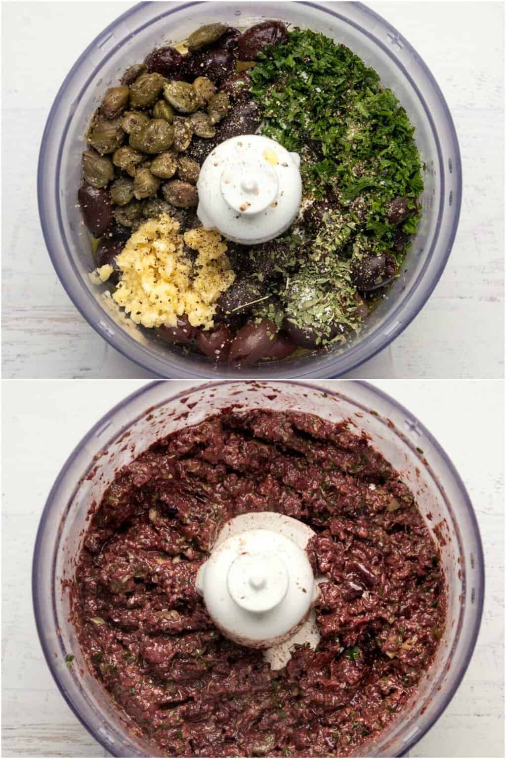 Step by step process photo collage of how to make olive tapenade. 