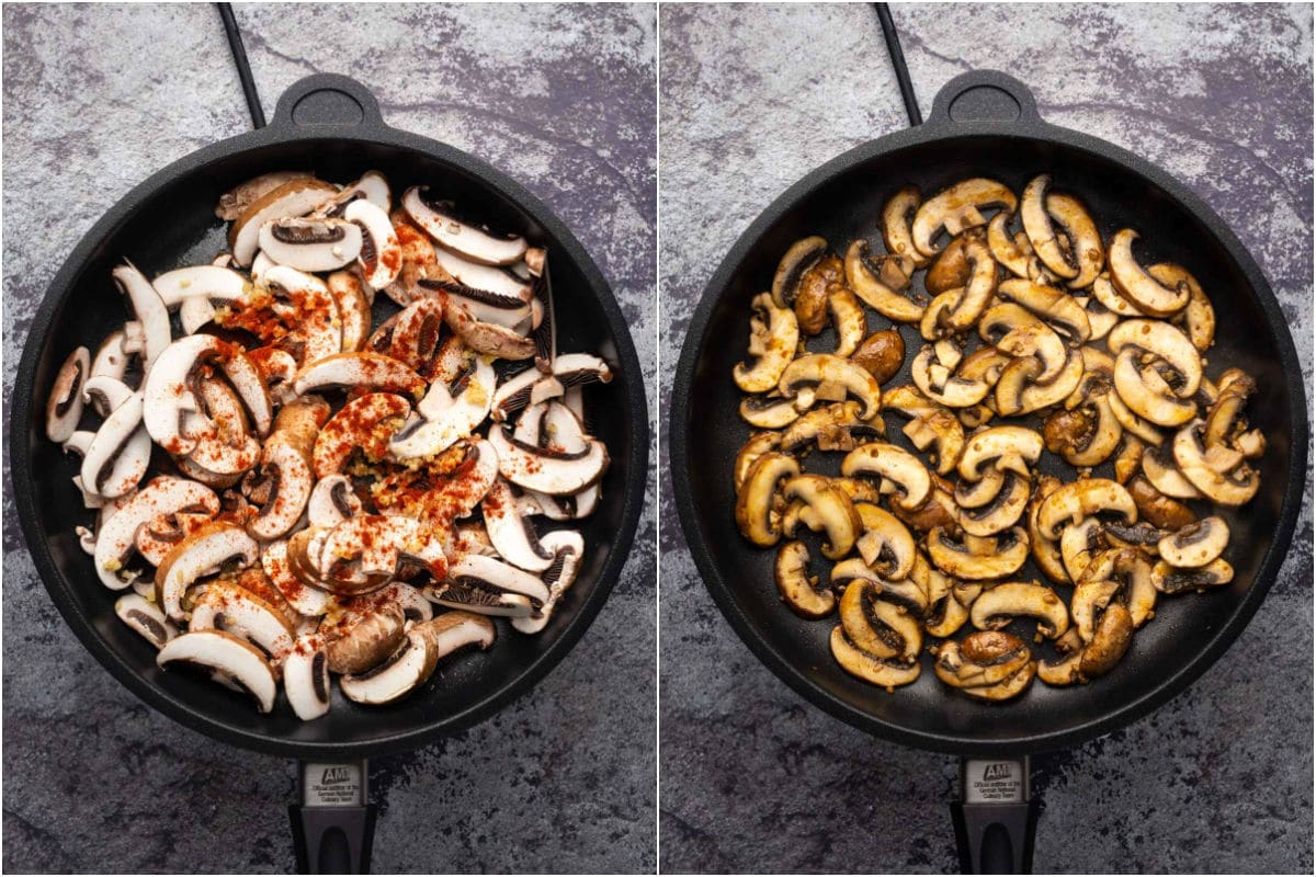 Two photo collage showing sliced mushrooms, vegan butter, garlic and paprika added to frying pan and sautéed.