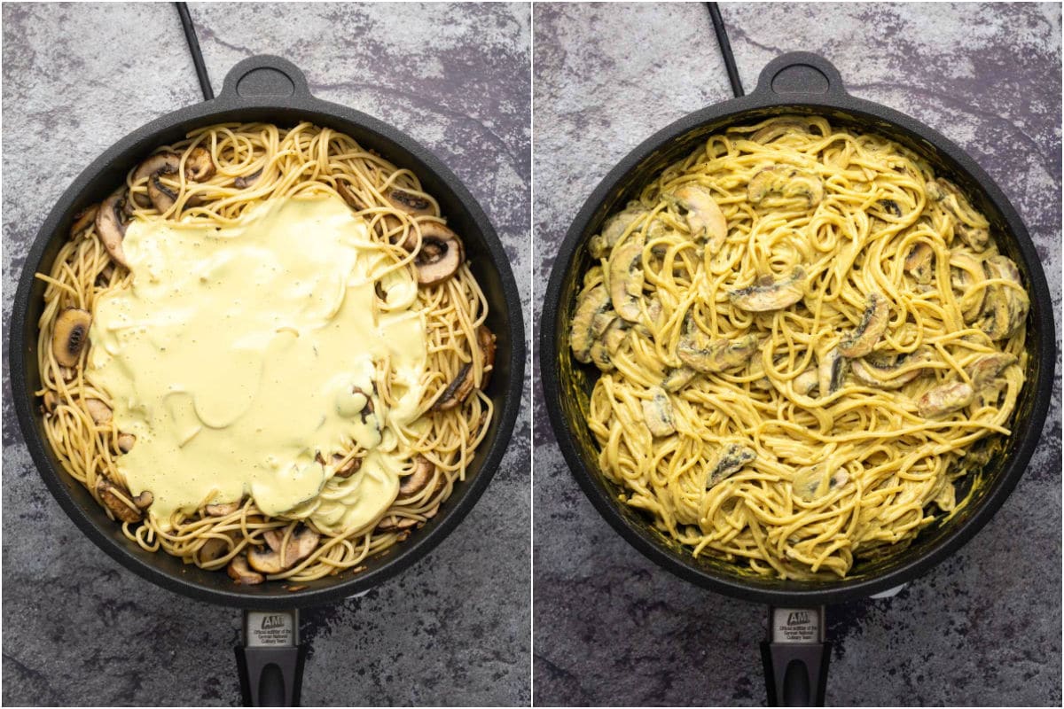Two photo collage showing cabonara 'egg' sauce poured over pasta and mushrooms and tossed together.