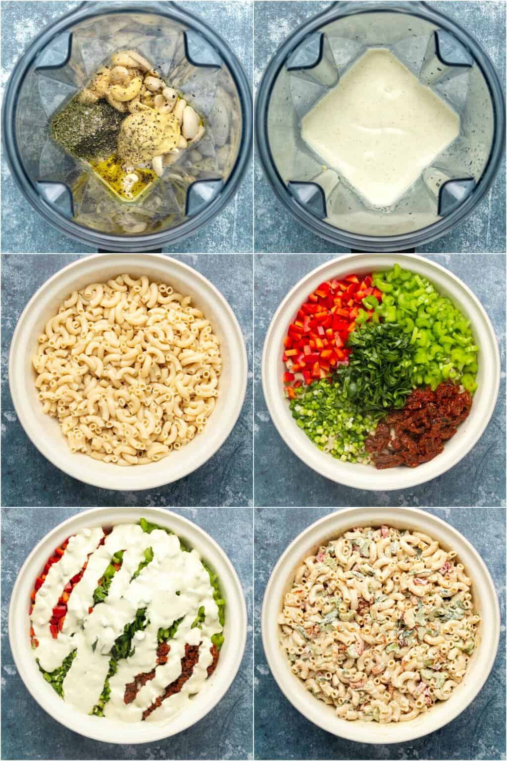 Step by step process photo collage of making vegan macaroni salad. 