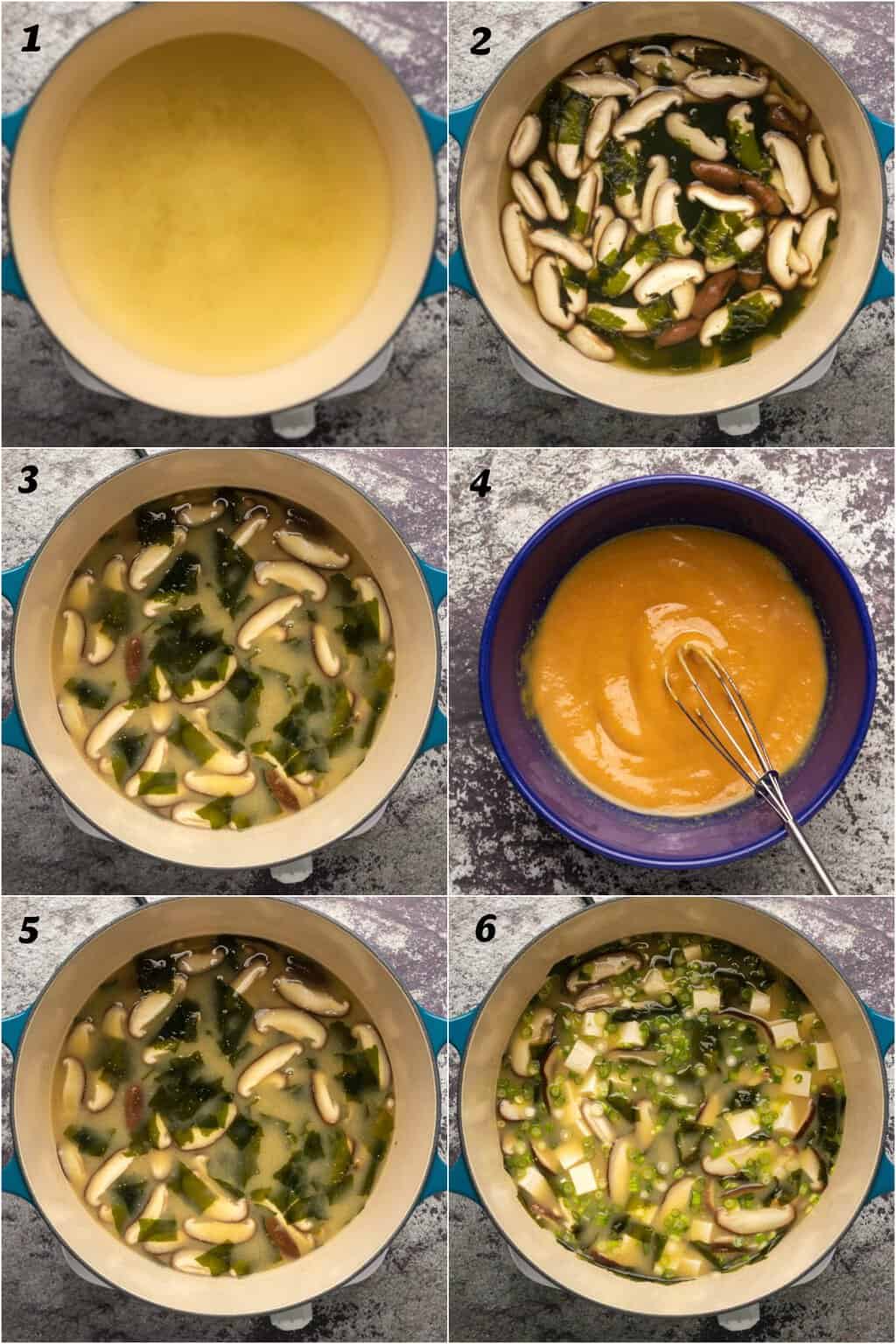 Step by step process photo collage of how to make vegan miso soup. 