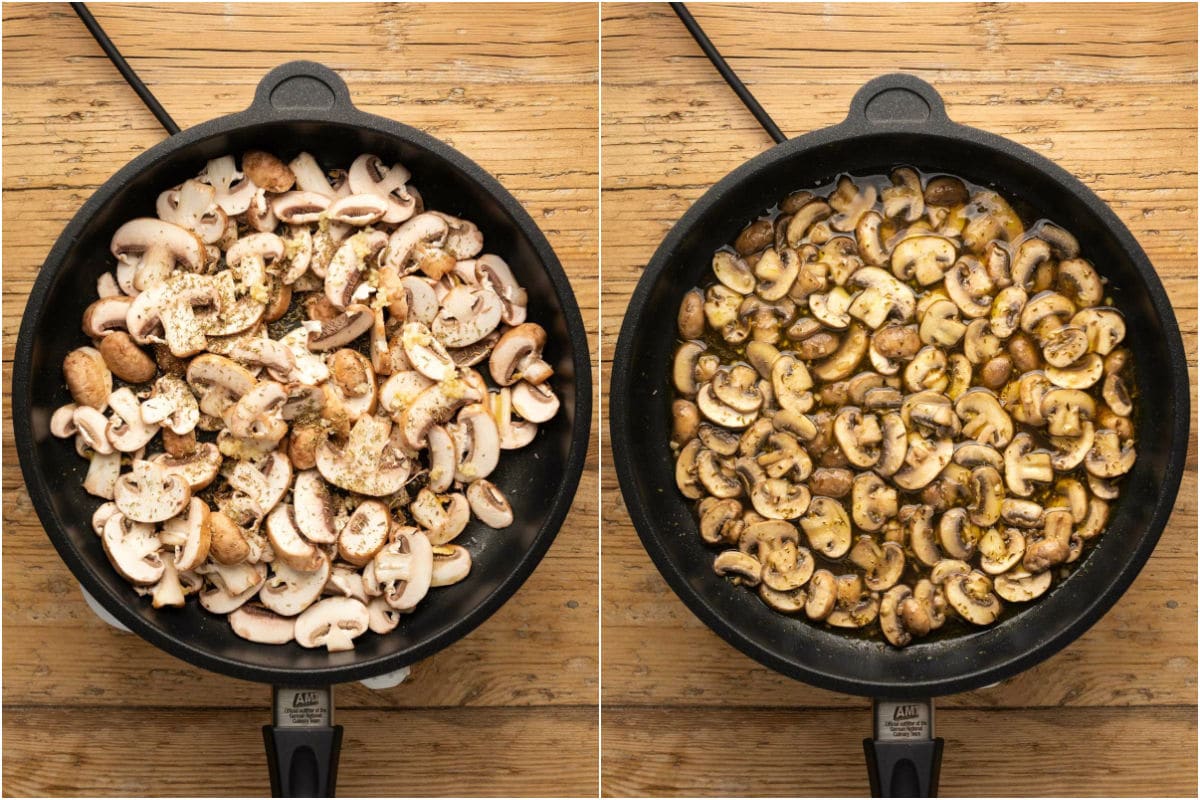 Two photo collage showing sliced mushrooms in a pan and sautéed. 