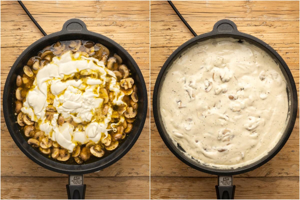 Two photo collage showing cashew cream and vegetable stock added to mushrooms and mixed in.