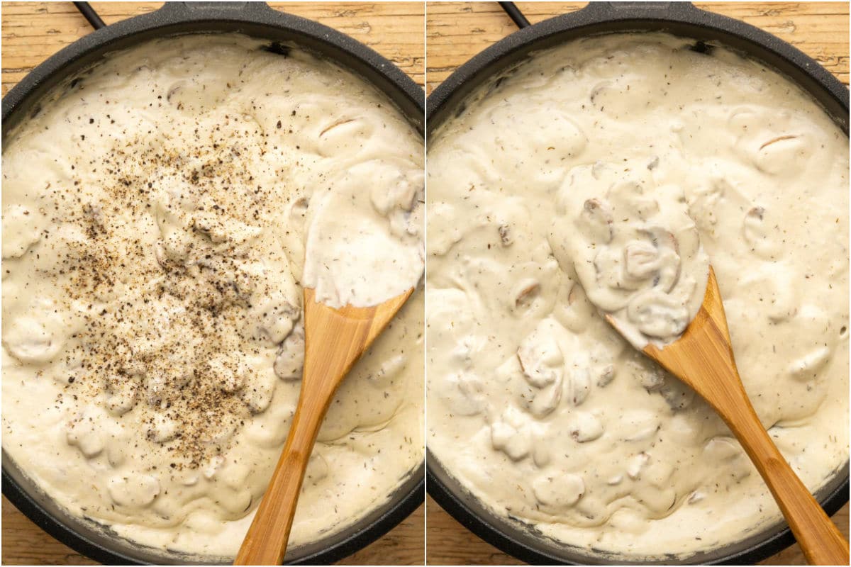 Two photo collage showing salt and pepper added to mushroom sauce and mixed in.
