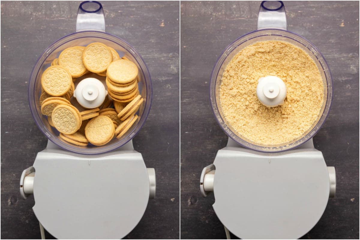 Two photo collage showing golden oreo cookies added to food processor and processed into crumbs. 