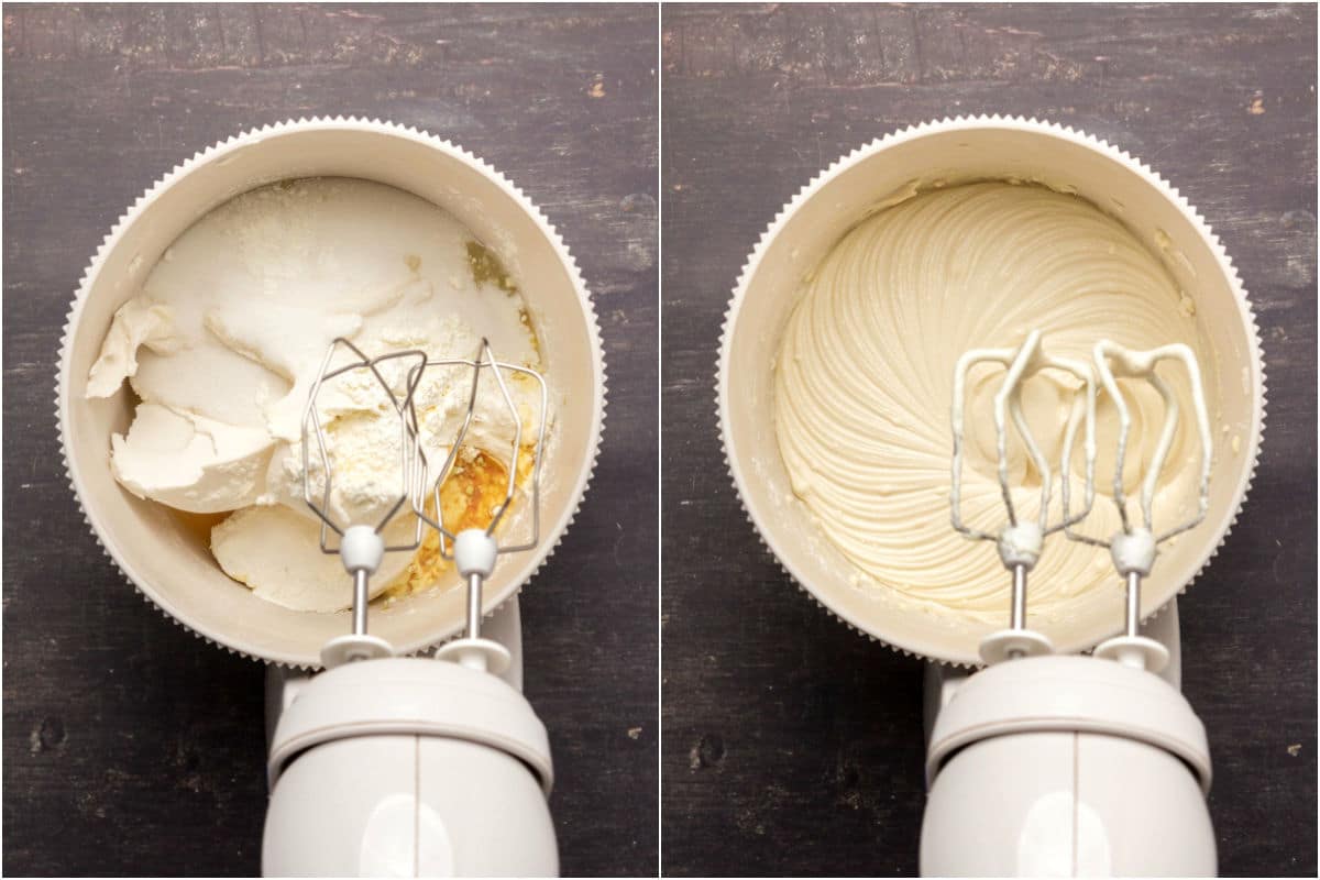 Two photo collage showing filling ingredients added to stand mixer and mixed.