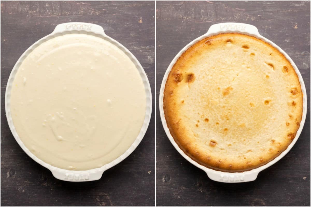 Two photo collage showing vegan cheesecake in a white pie dish before and after baking.