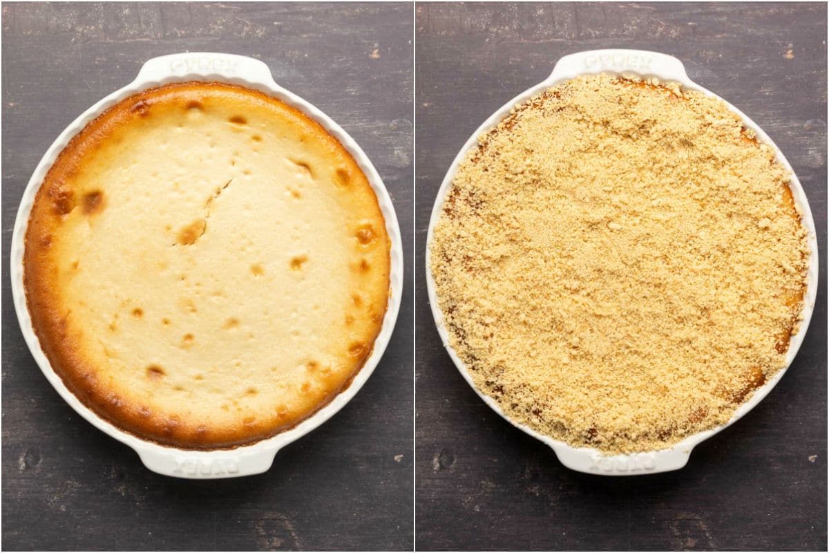 Two photo collage showing the cooled and set cheesecake and then topped with golden oreo crumbs.