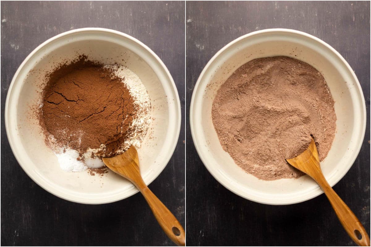 Two photo collage showing dry ingredients added to a mixing bowl and mixed. 