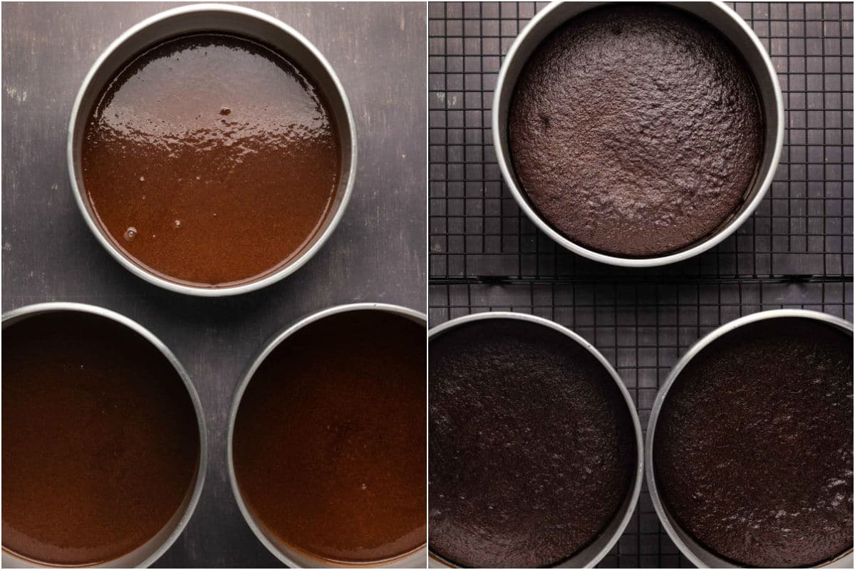 Two photo collage showing chocolate cake in 3 cake pans before and after baking.