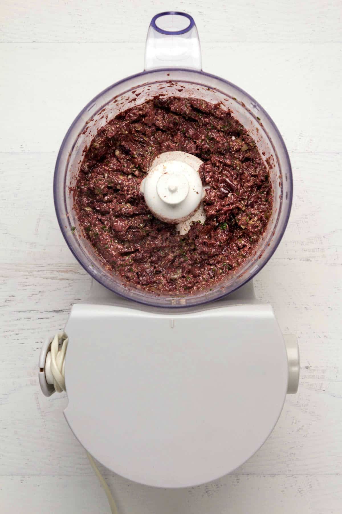 Olive tapenade in a food processor.
