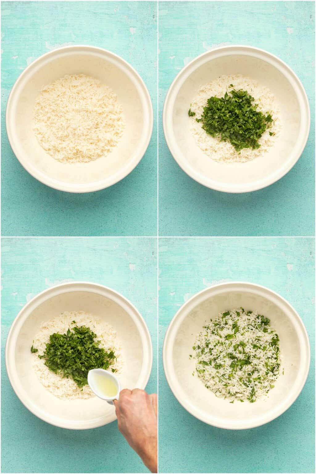 Step by step process photo collage of making cilantro lime rice for vegan burrito bowls.
