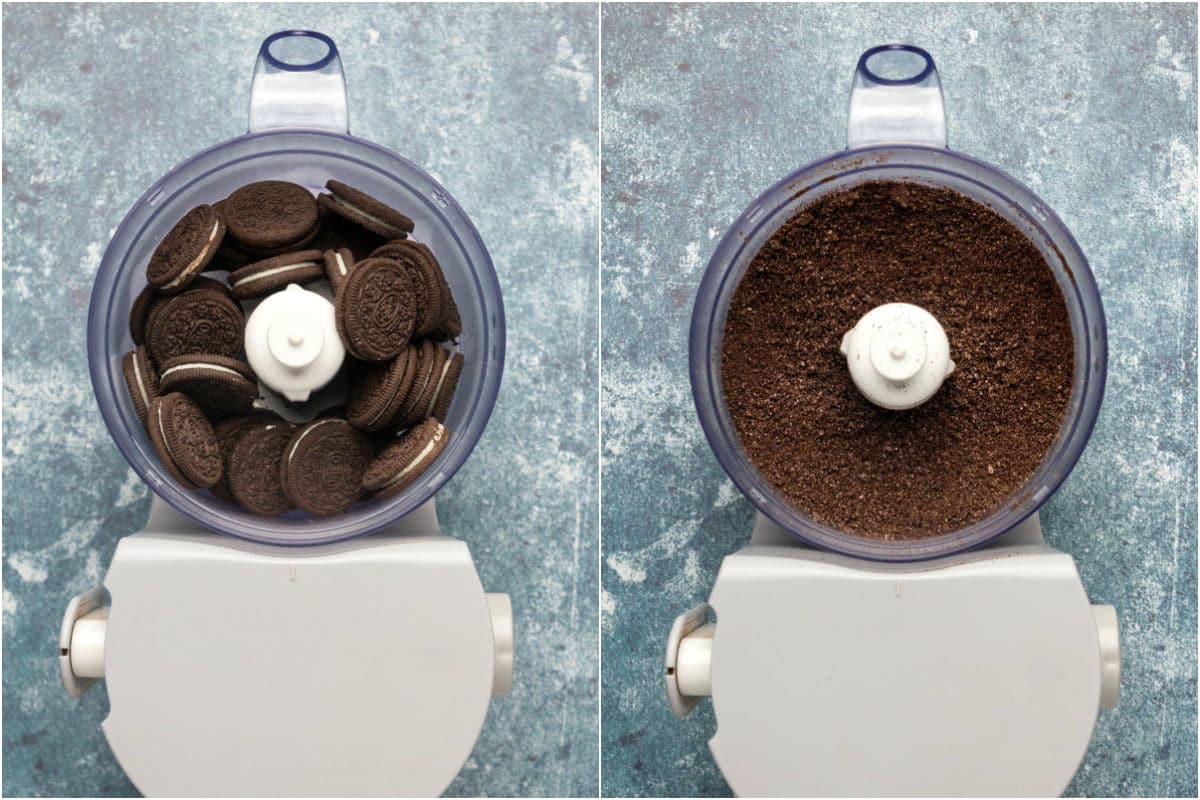 Two photo collage showing Oreo cookies added to food processor and processed into crumbs. 