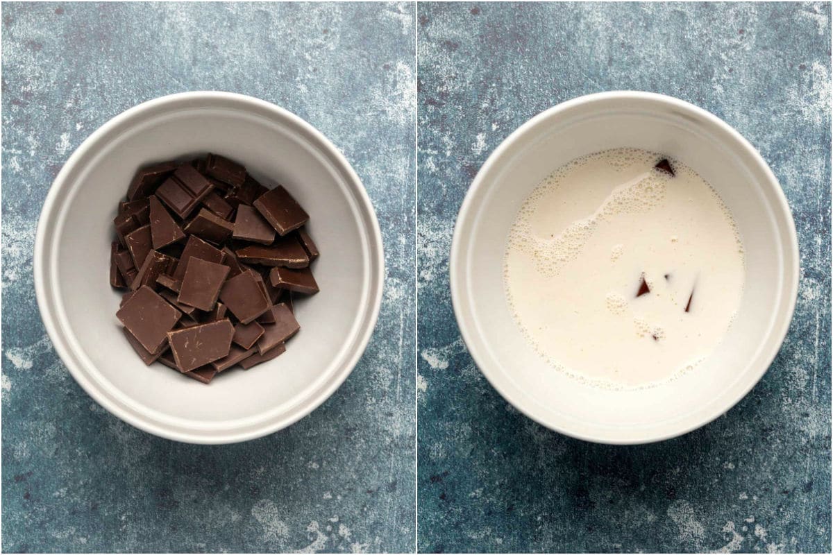 Two photo collage showing chocolate added to mixing bowl and heated coconut cream poured over the top.