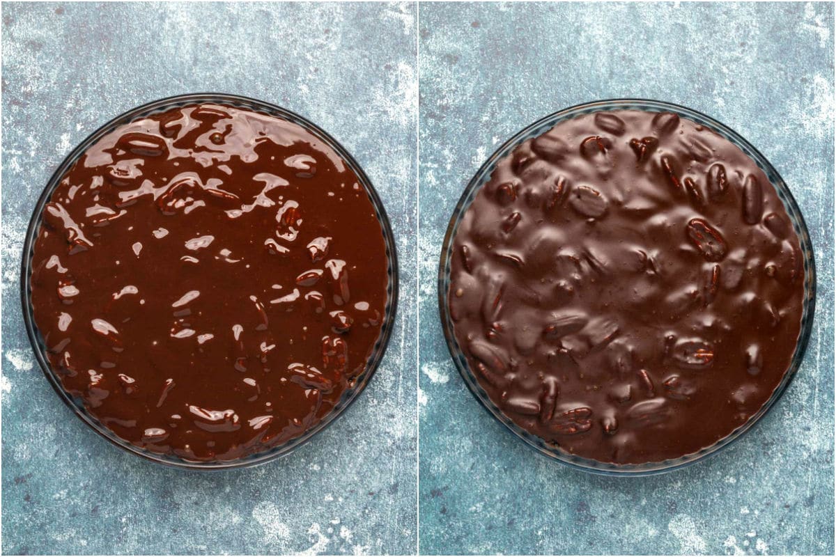 Two photo collage showing chocolate tart in a glass pie dish before and after setting.