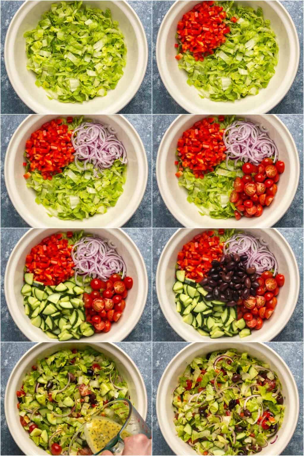 Step by step process photo collage of assembling a vegan Greek salad.