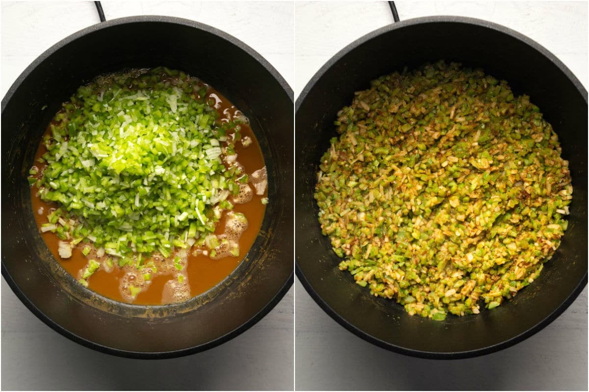 Collage of two photos showing chopped veggies added to roux in pot and cooked.