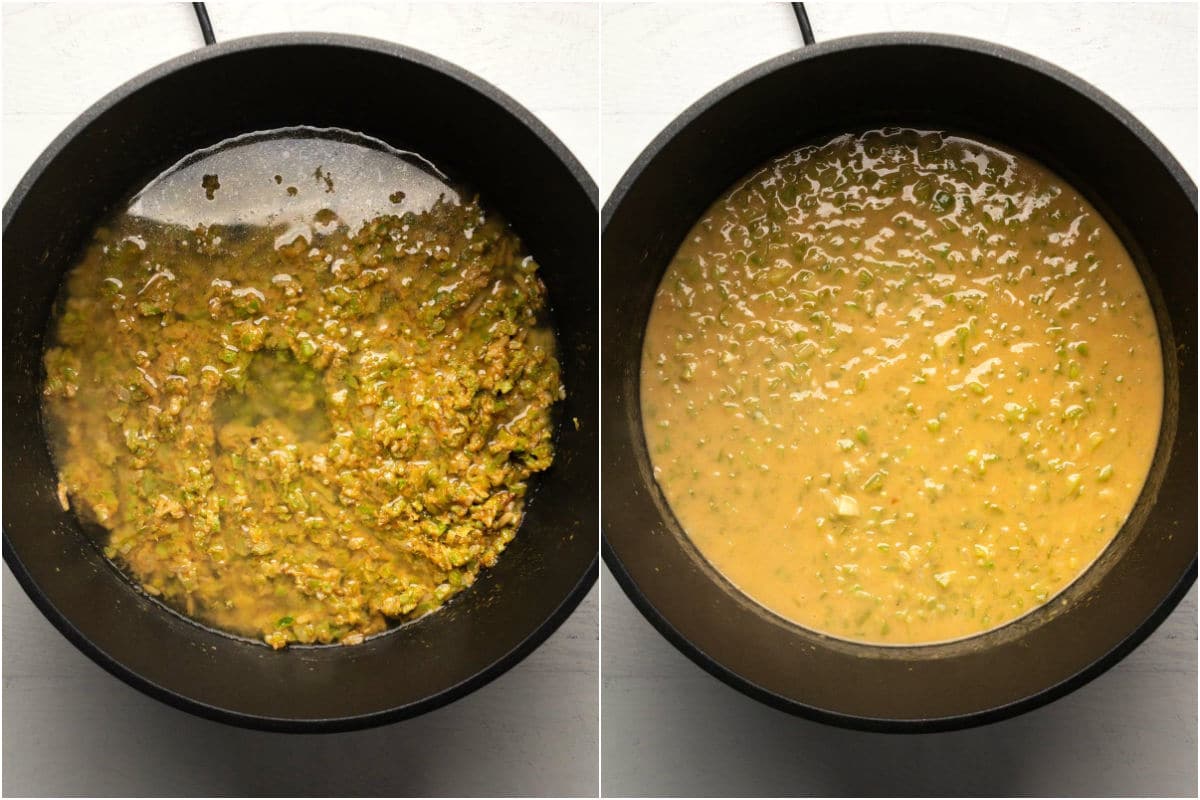 Two photo collage showing vegetable stock added to pot and cooked in.