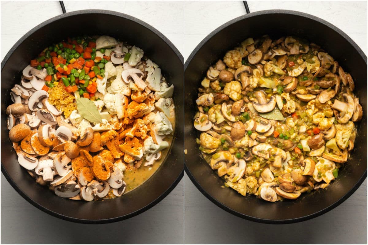 Two photo collage showing frozen veg and spices added to pot and stirred in.