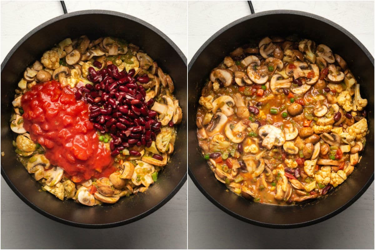 Two photo collage showing chopped tomatoes and beans added to pot and mixed in.