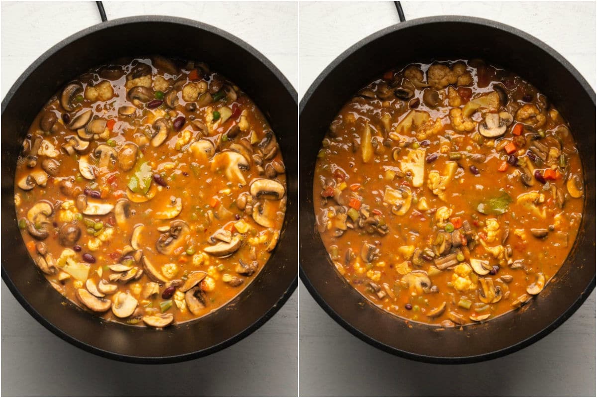 Two photo collage showing vegan gumbo simmering in a pot and then cooked.