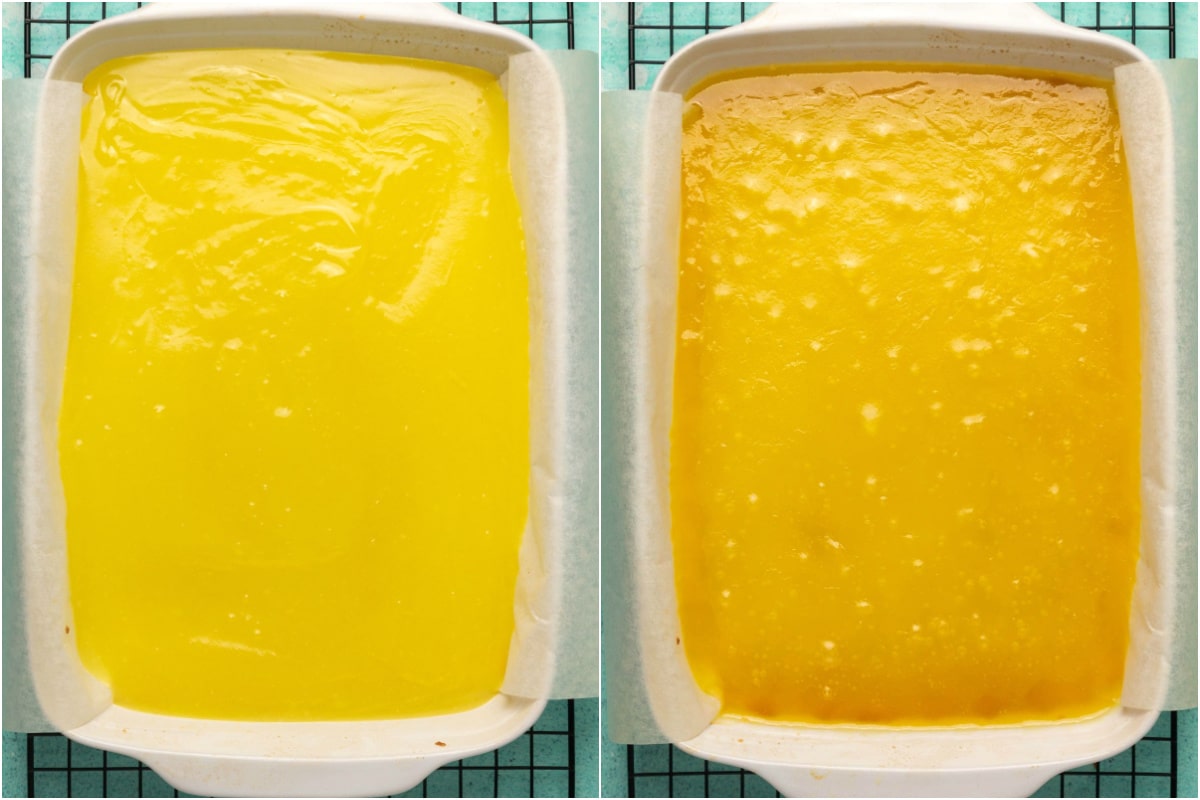 Vegan lemon bars in a 9x13 dish before and after baking.