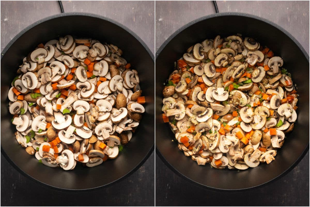 Two photo collage showing mushrooms, carrot and celery added to pot and tossed with the onions and spices.
