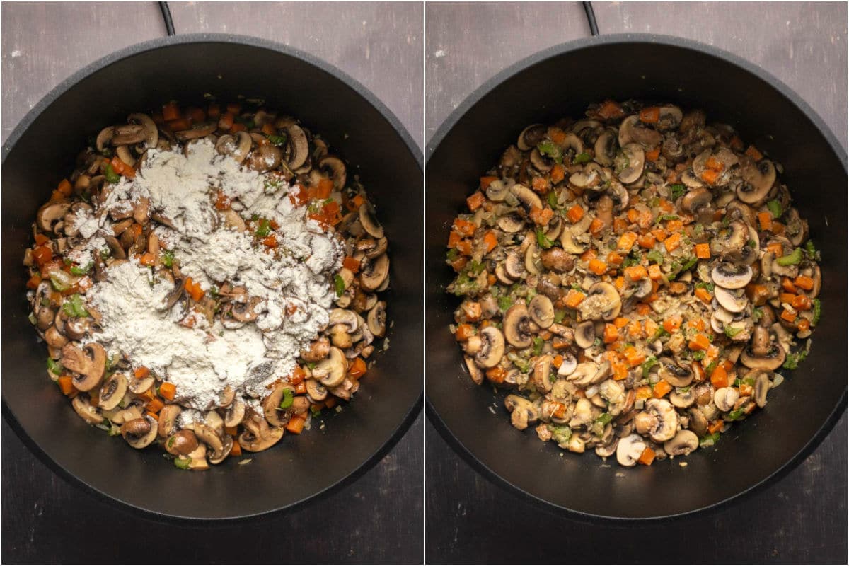 Two photo collage showing all purpose flour added to pot and stirred in.