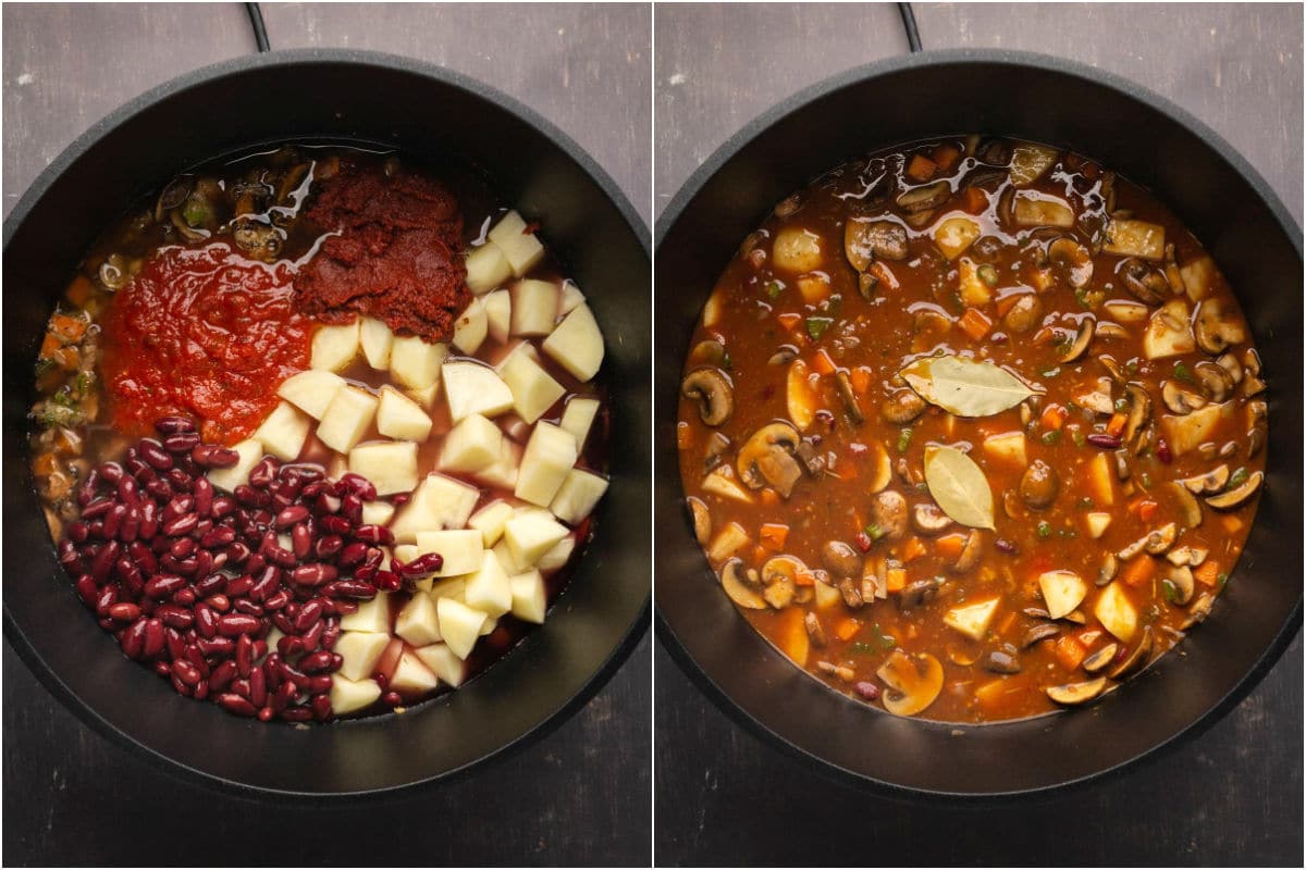 Two photo collage showing vegetable stock, marinara sauce, red wine, chopped potatoes, kidney beans, tomato pasta and dark soy sauce added to pot and mixed in.