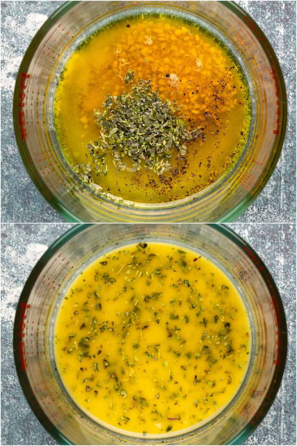 Step by step process photo collage of making homemade vinaigrette.