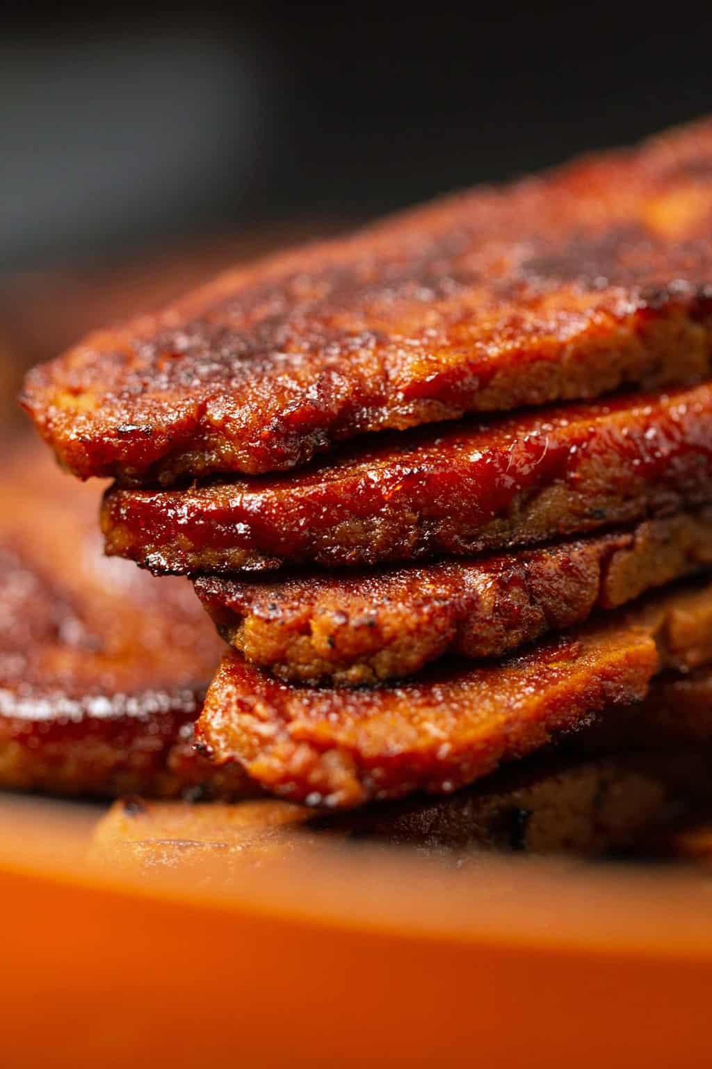 A stack of vegan bacon strips. 