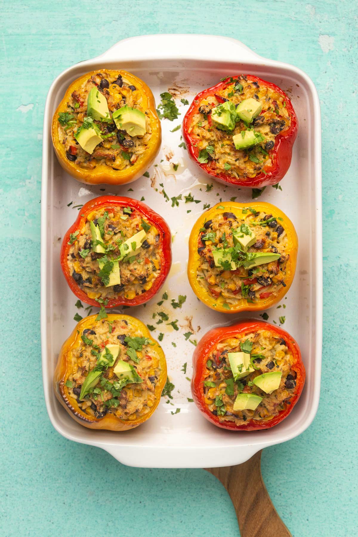 Vegan stuffed peppers topped with fresh avocado and cilantro in a white dish. 
