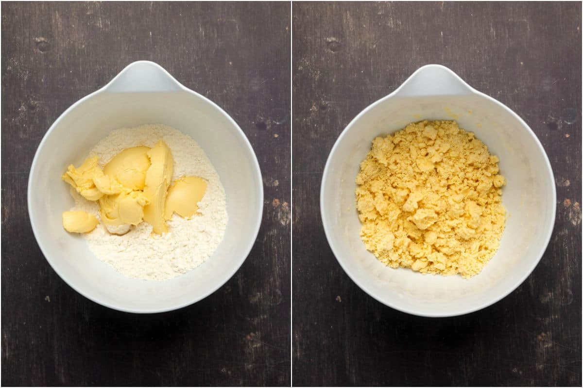 Vegan butter, sugar and flour added to mixing bowl and mixed until crumbly. 
