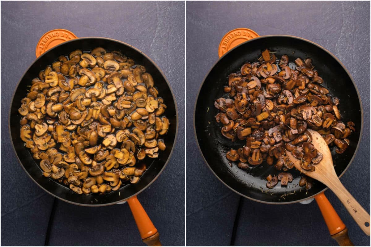 Mushrooms sautéeing in a pan.