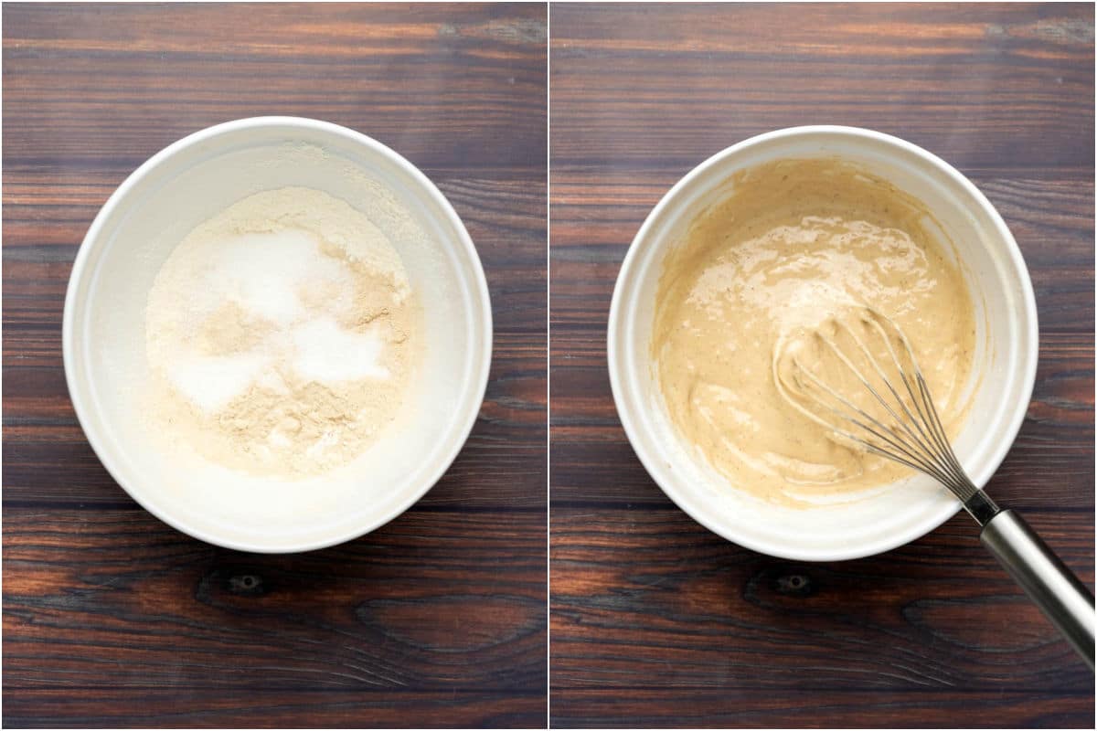 Two photo collage showing dry ingredients in a mixing bowl and then the pancake batter with a whisk. 