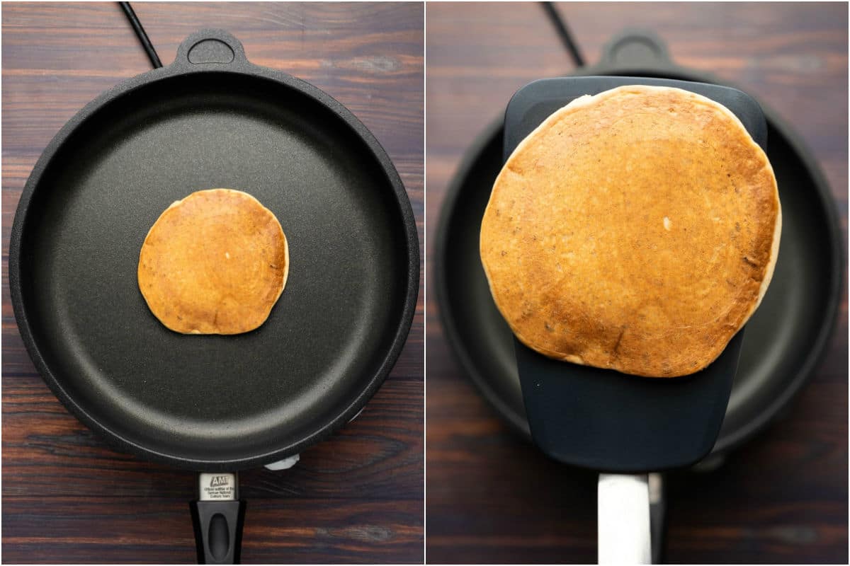 Two photo collage showing a cooked pancake in the frying pan and then lifted on a spatula.