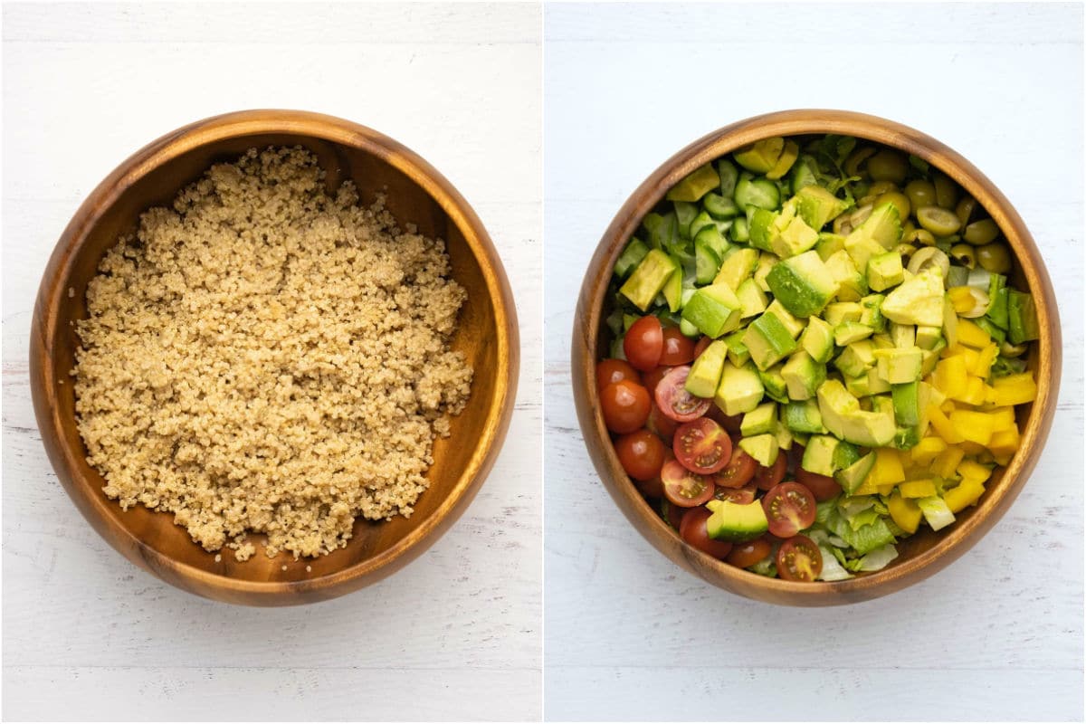 Cooked quinoa in a salad bowl and then other salad ingredients piled on top. 