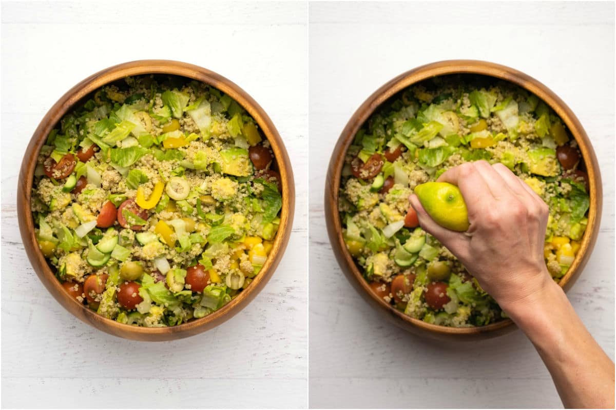 Quinoa salad in a salad bowl and then squeezing lime over the top.