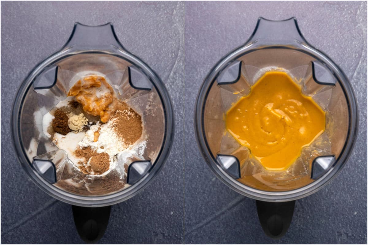 Two photo collage showing ingredients in a blender jug and then blended. 