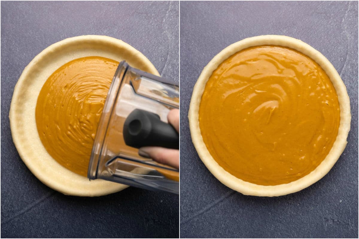 Two photo collage showing the filling for sweet potato pour being poured over the crust and smoothed down.