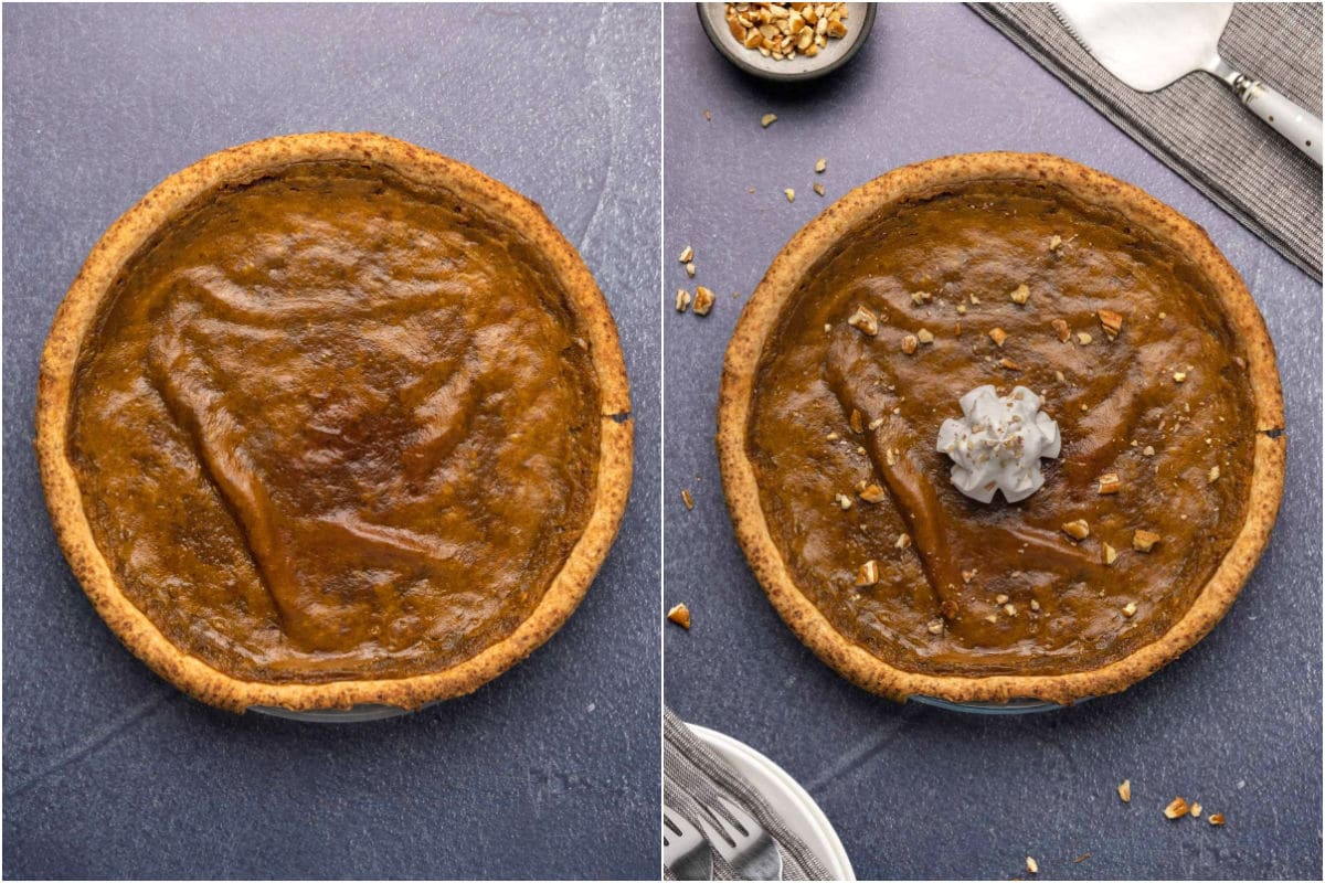 Two photo collage showing the baked sweet potato pie and then decorated.
